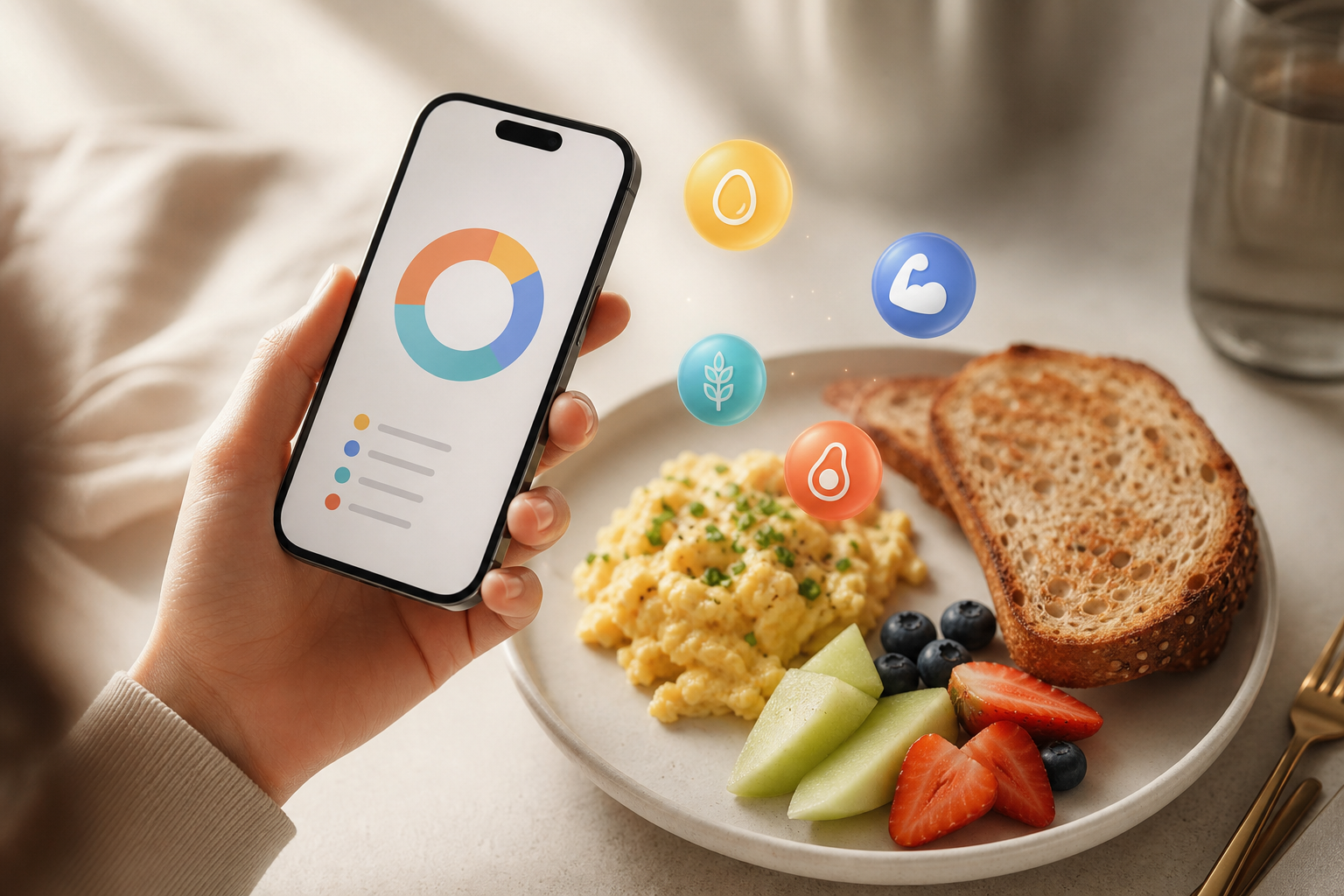 illustration of a person snapping a photo of a meal, with overlaid calorie and macro bubbles appearing instantly