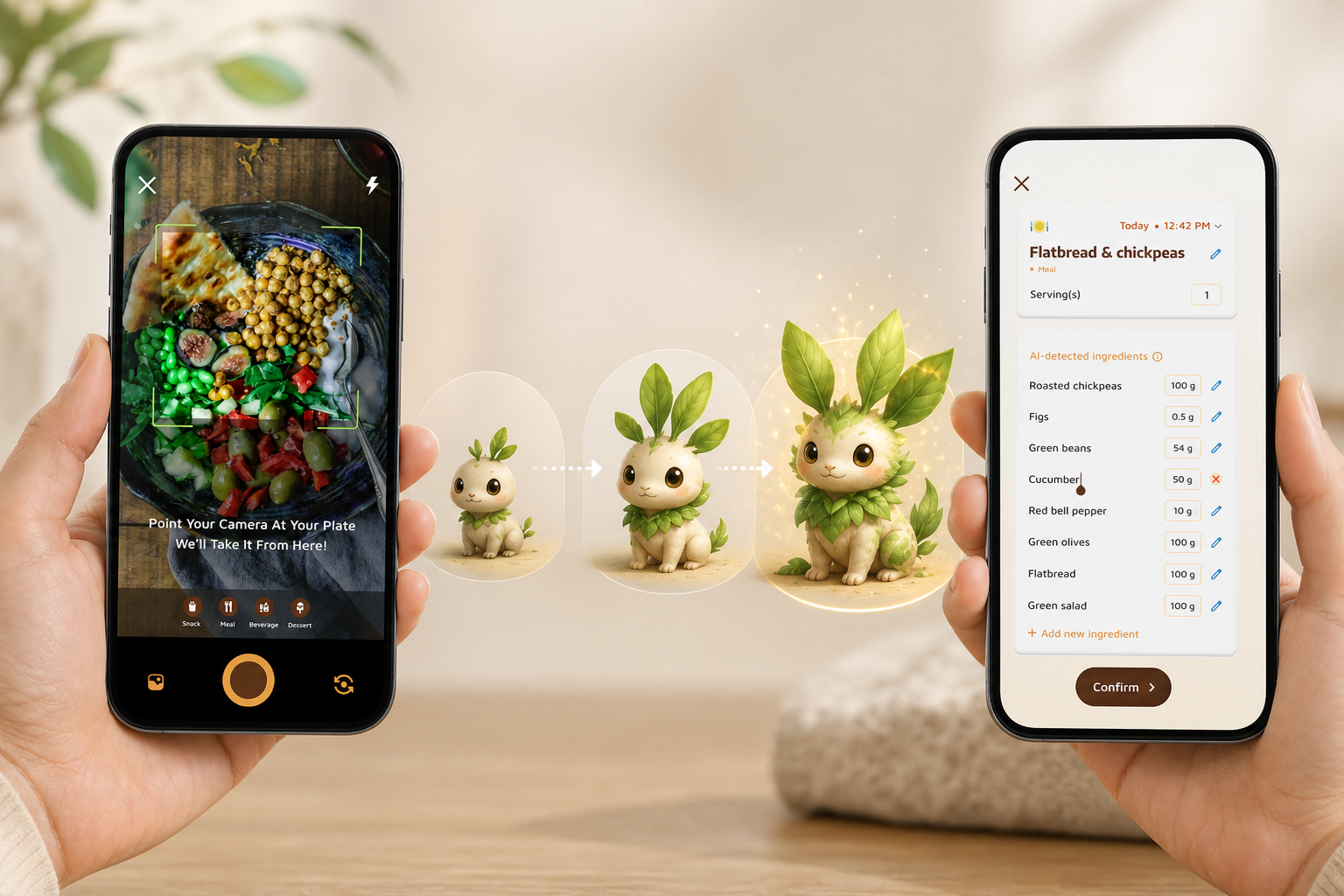 Virtual pet growth tied to meals, water, and steps