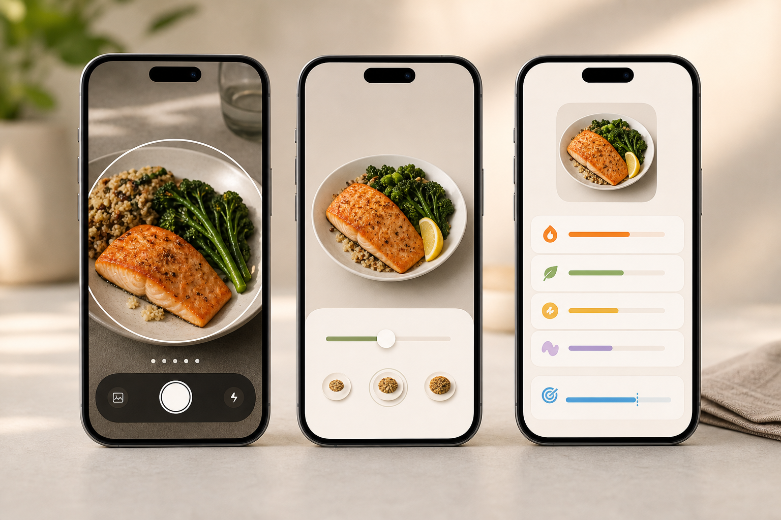 step-by-step photo logging on phone screens: snap meal, adjust portion slider, see goal prediction