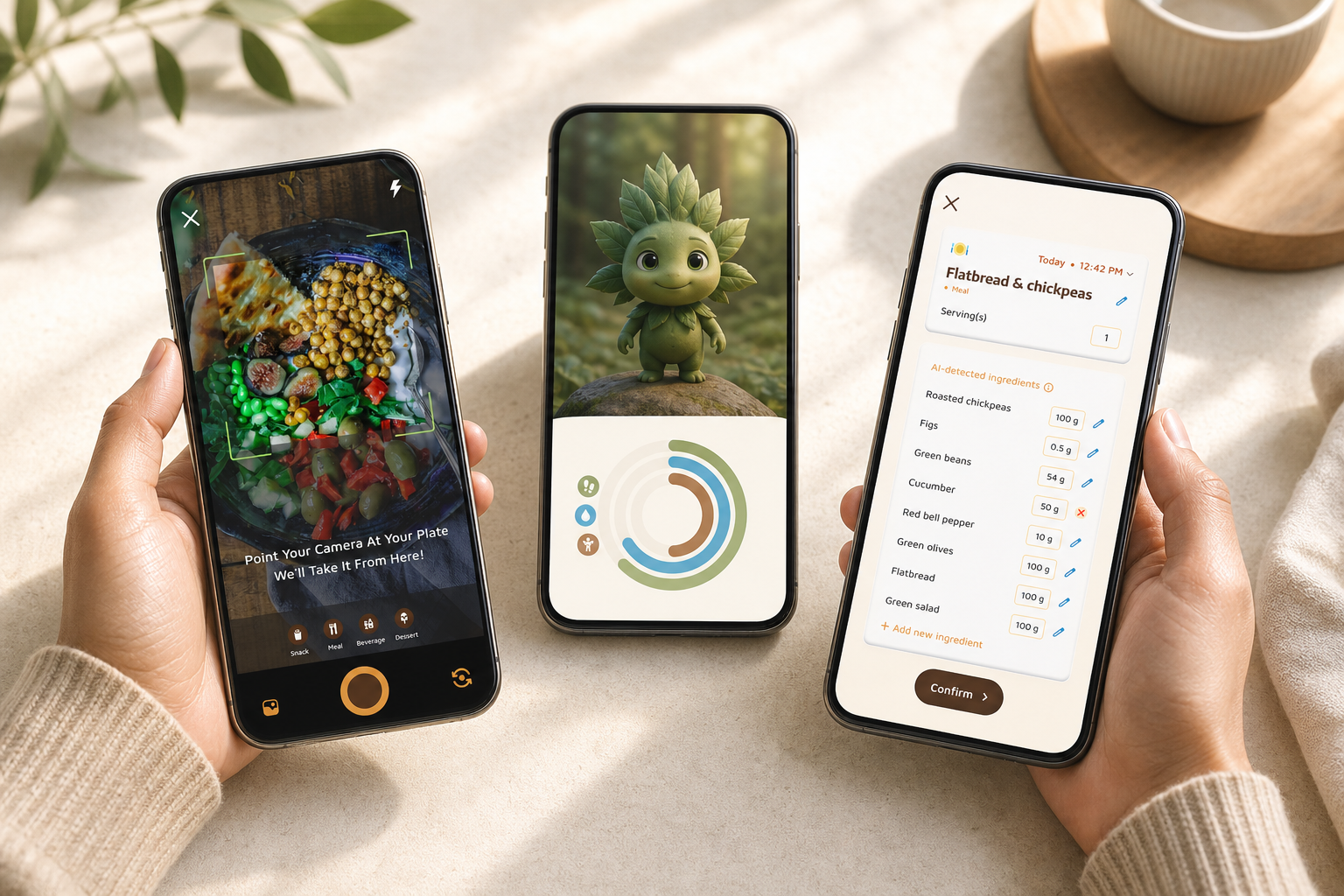best calorie tracker virtual pet app screens with photo meal logging, step count ring, hydration bar, and a friendly buddy evolving as goals are met