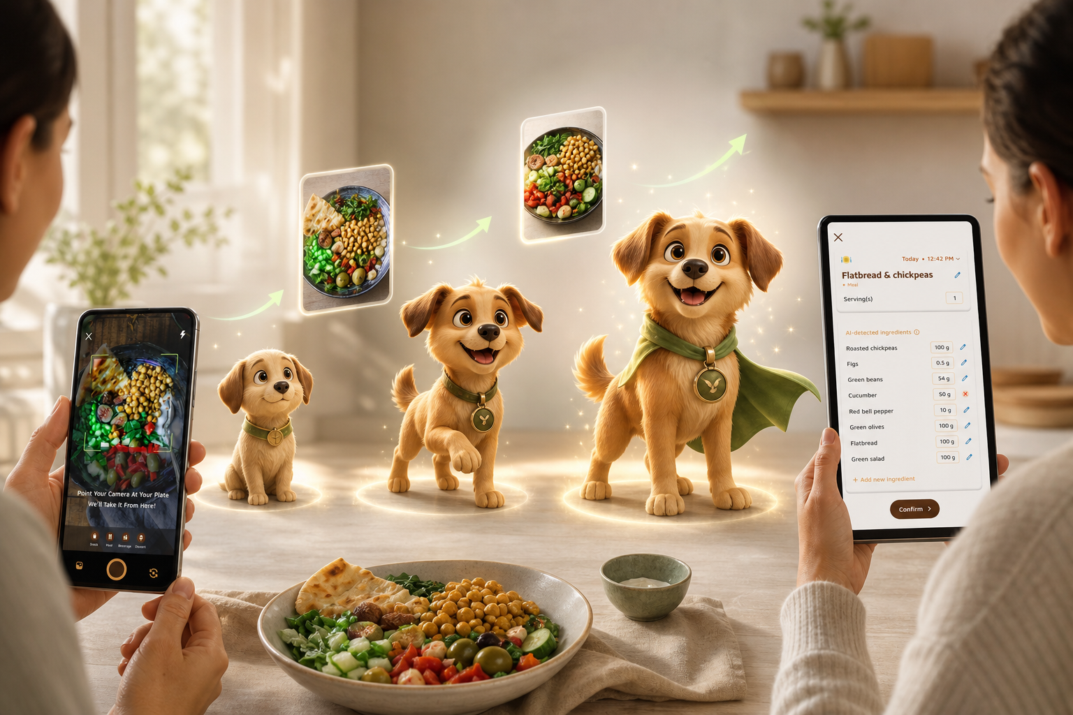 Virtual buddy growth stages and real-time meal feedback cards