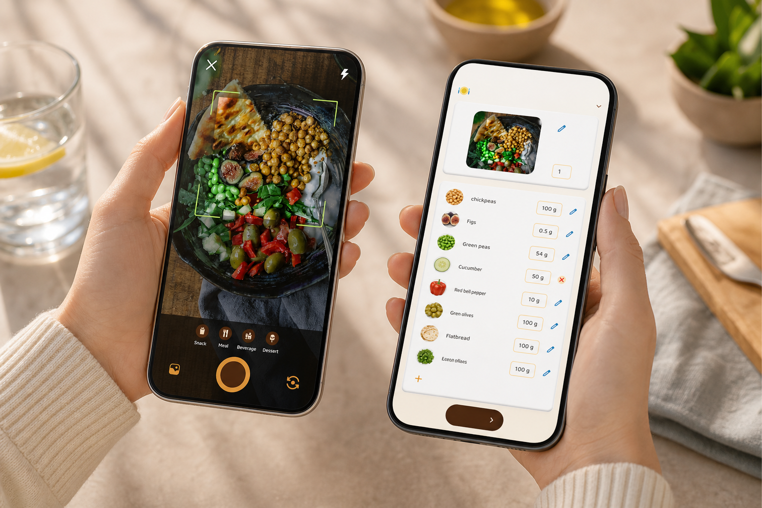 Step-by-step onboarding screens: goal setup, buddy intro, photo meal snap, Google Fit connect, hydration reminders