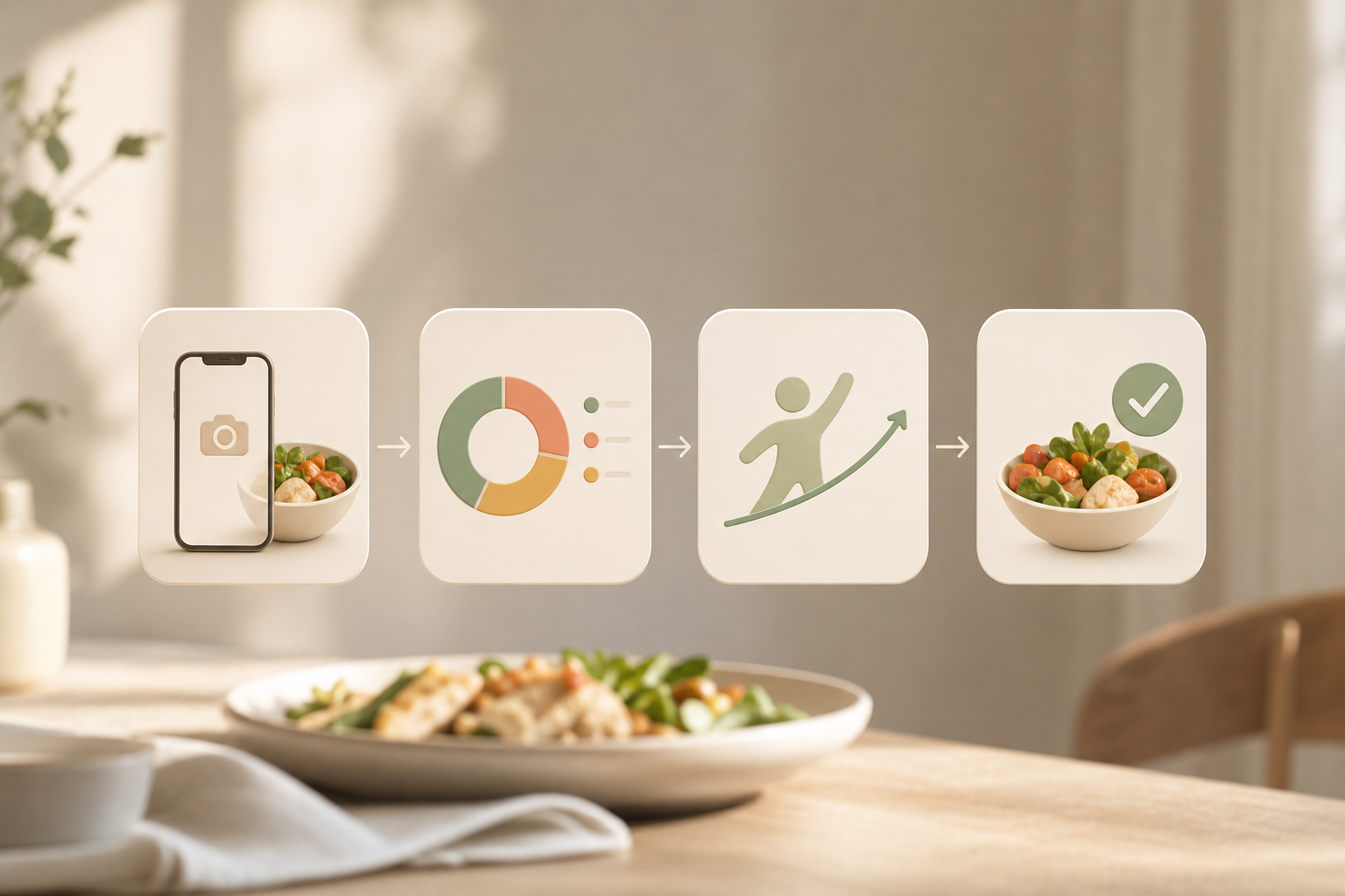 infographic summarizing photo calorie counting workflow: snap → instant macros → goal prediction → small next step