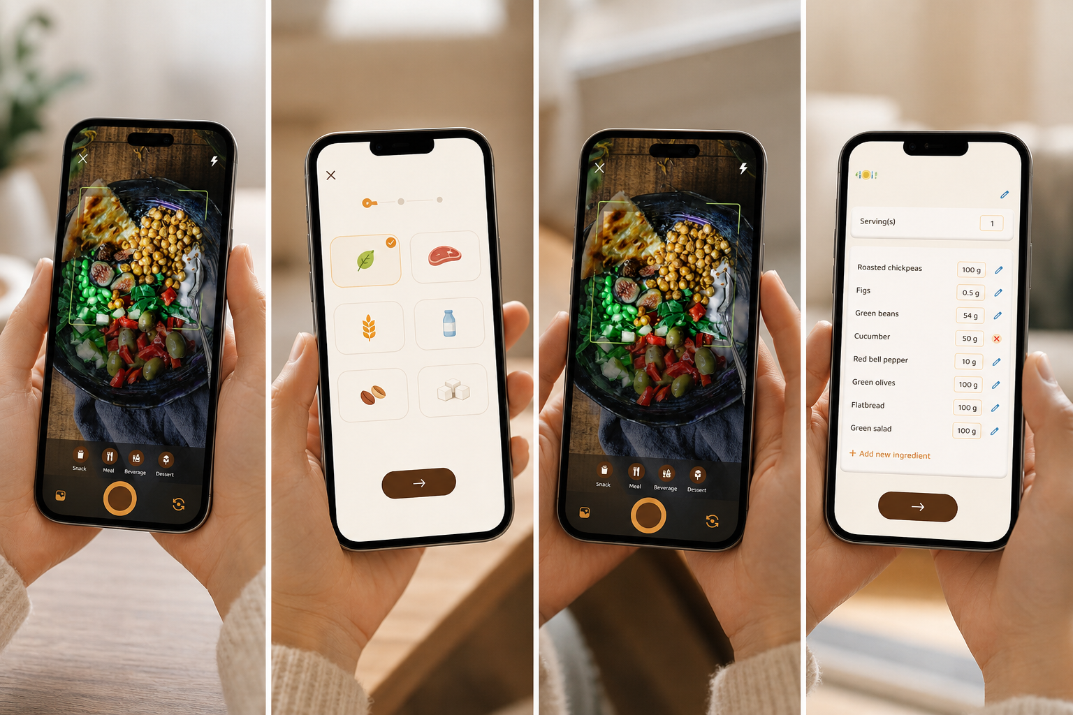 ai photo calorie counting step-by-step visual of opening the app, setting preferences, snapping a meal, and seeing instant macro feedback