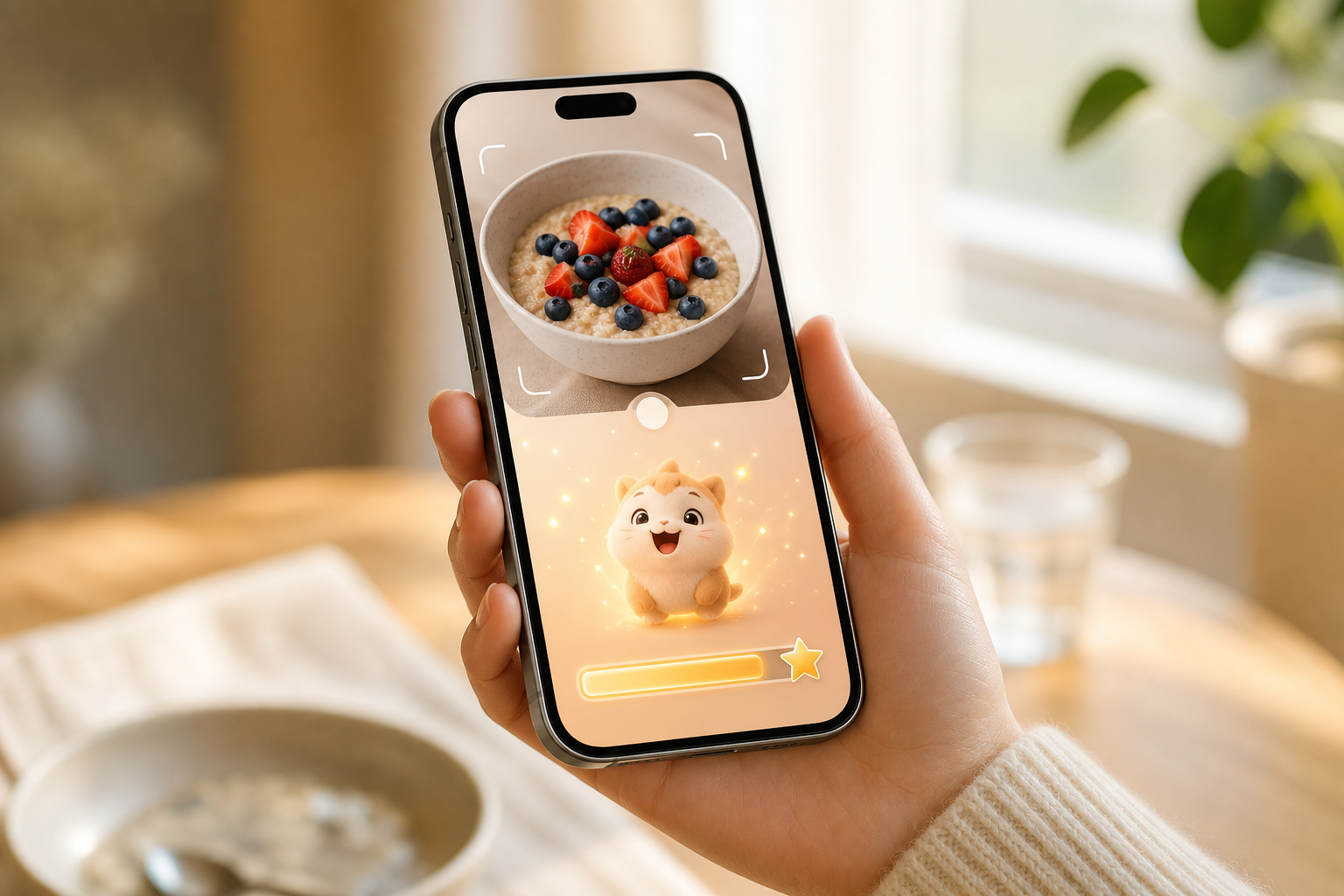 phone screen showing instant macro feedback after a meal snap, with a cheerful virtual pet reacting to the logged meal