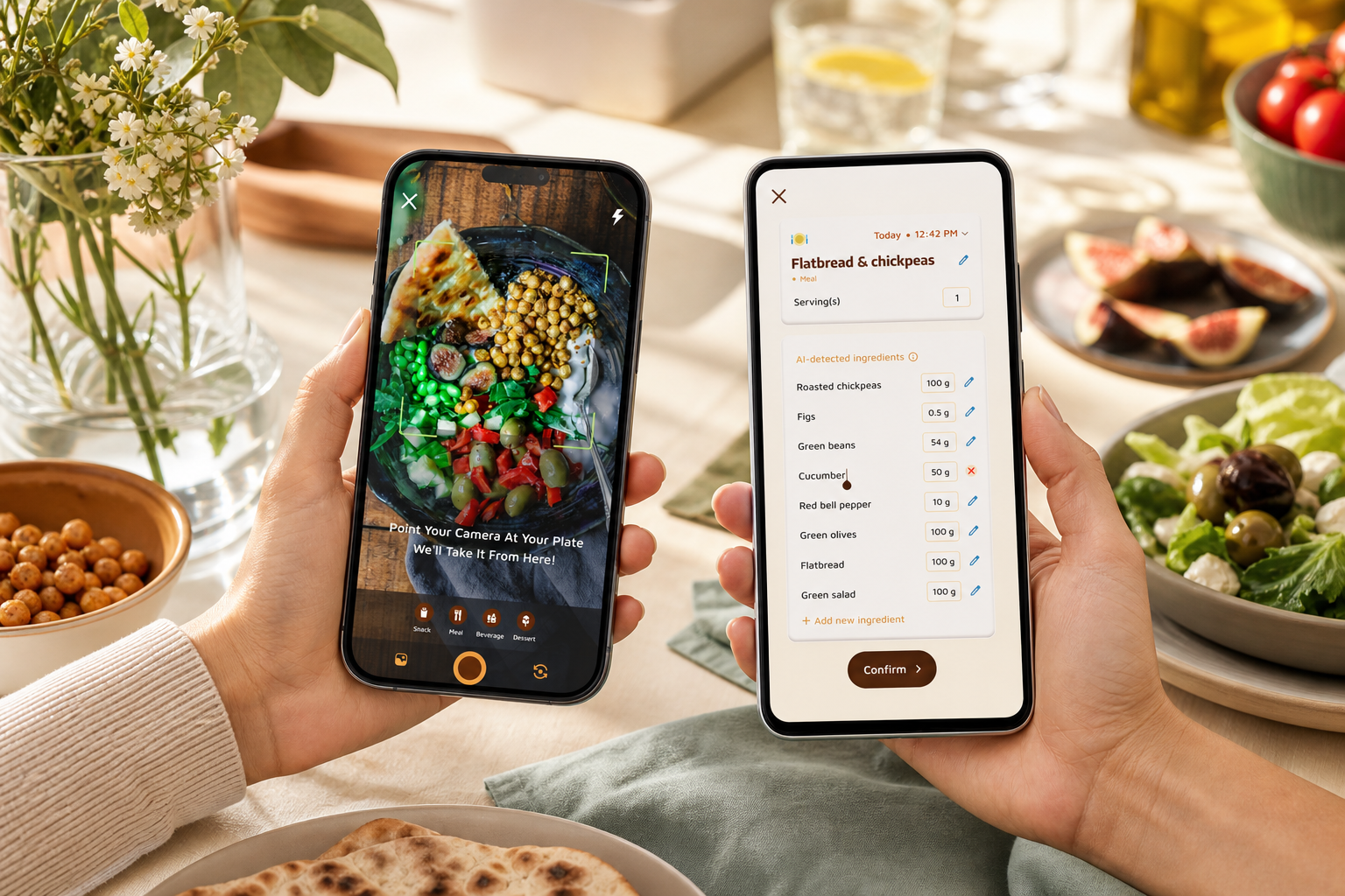 social meal-logging feed on a phone: friendly community posts with meal photos, likes, and supportive comments; bright, inviting UI; diverse foods and users