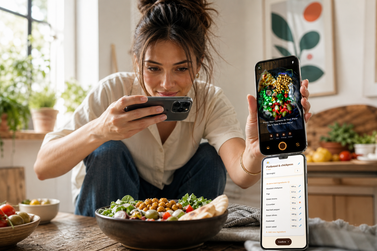 step-by-step social meal-logging walkthrough: phone UI showing taking a meal photo, adding a short caption, and posting to a supportive feed