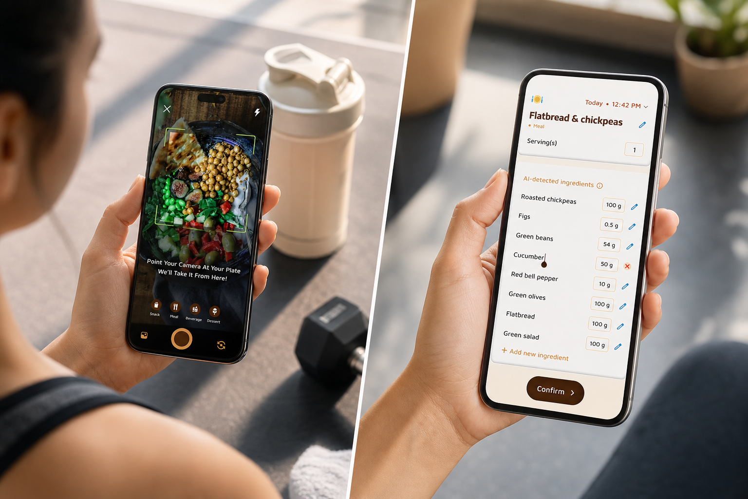 gamified calorie tracking with virtual pet hero illustration of a lifter logging a post-workout shake while a cute digital pet evolves