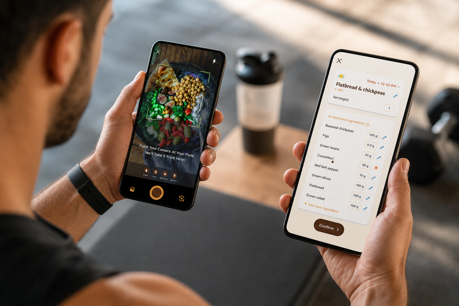 Gym-goer snapping a post-workout shake with photo-based logging, macro rings updating in real time
